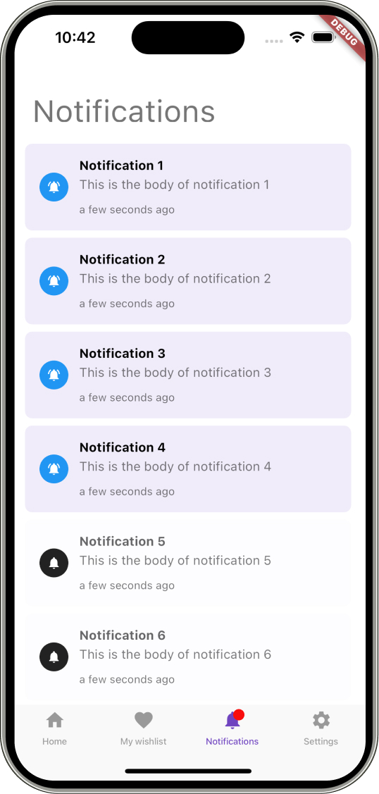 Notifications history template with pagination