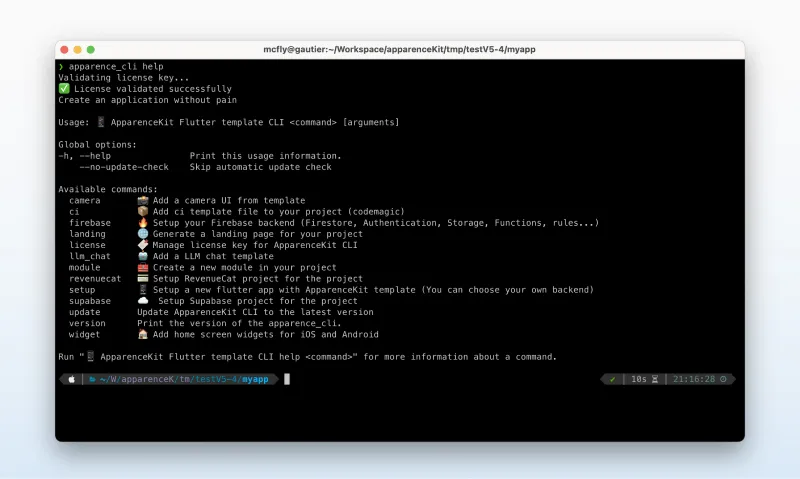 ApparenceKit CLI generating a custom Flutter project from selected modules