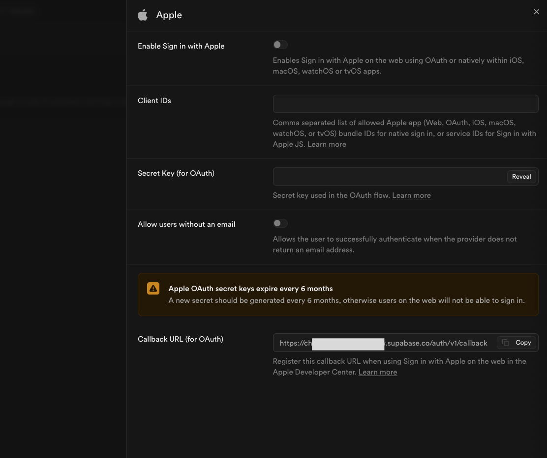 Supabase dashboard Apple provider configuration with Client IDs, Secret Key, Allow users without an email and Callback URL fields