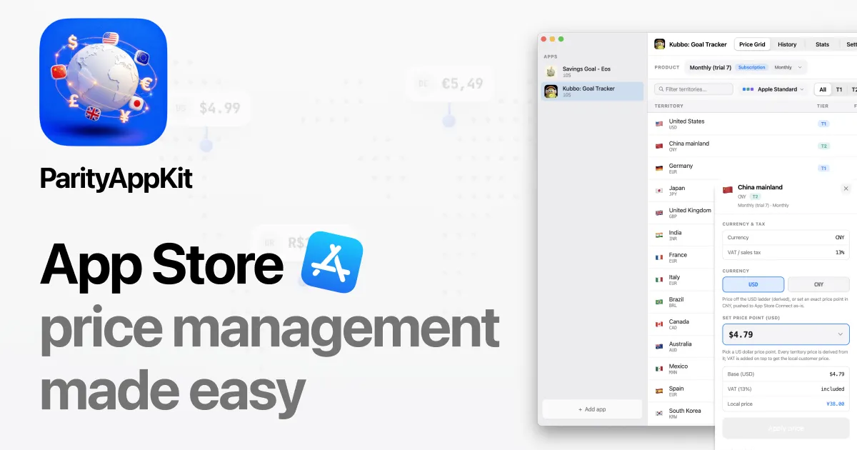 ParityAppKit main window with the localized price matrix for one app across 175 App Store countries