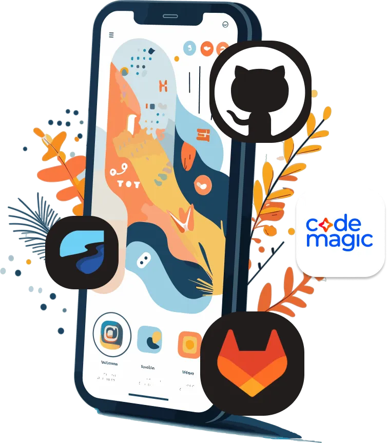 gitlab, github, riverpod and codemagic logo