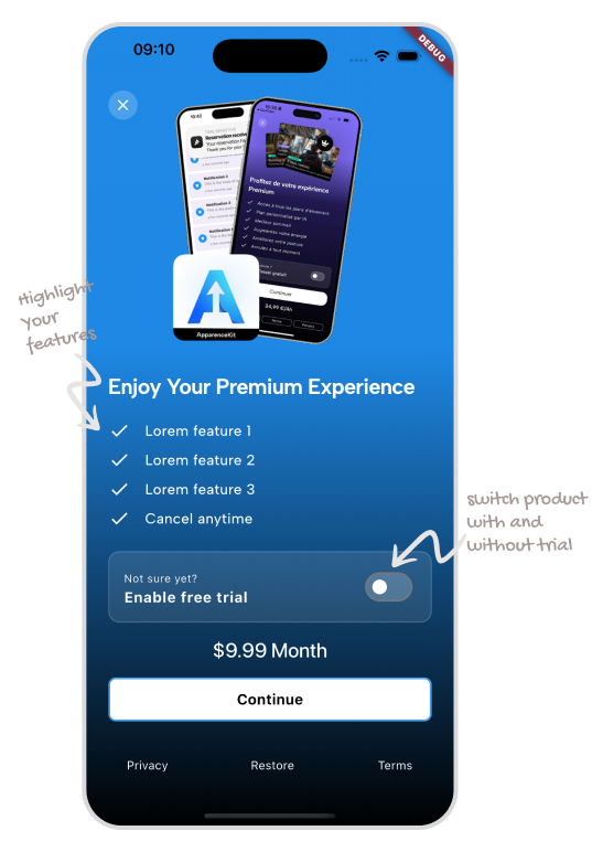 flutter paywall with free trial toggle