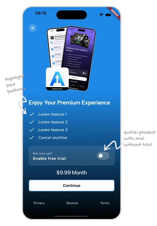 flutter paywall with free trial toggle