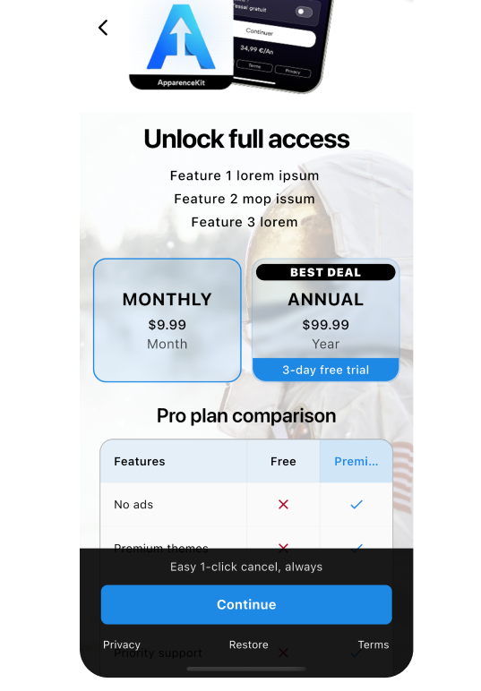 Flutter paywall with row aligned prices