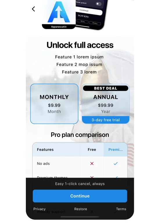 Flutter paywall with row aligned prices