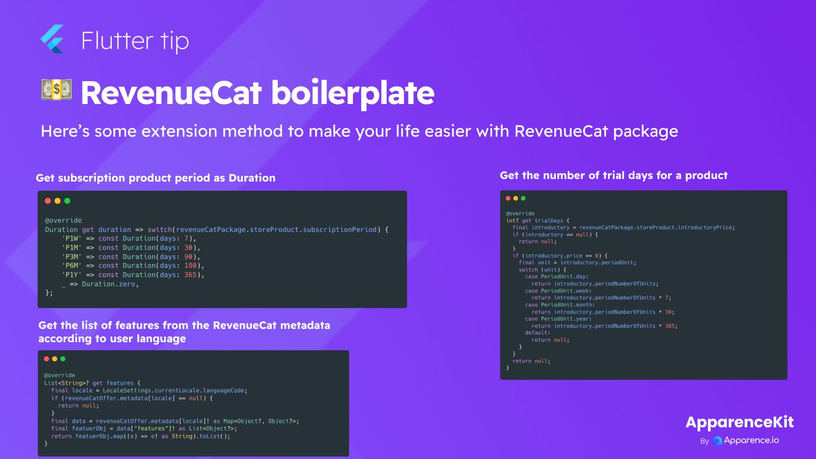 Flutter tip RevenueCat boilerplate  blog card image